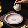 Soporte de Cerámica Púrpura Degradado Mate con Rosa Pintado a Mano para Tetera, para Uso en Casa, Bandeja Seca para Té, Accesorios para Ceremonia del Té, Bandeja para Bocadillos de Té