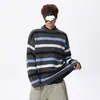 Suéter Listrado Color Block Americano Gola Redonda Masculino Outono Inverno Retrô Nicho Preguiçoso Tricô Solto Emagrecedor Suéter de Lã