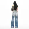 Jeans Americano Retro Lavado Flare com Design Bigode e Comprimento no Chão para Mulheres, Super Bem Proporcionado, Apresentando Padrão Yichun