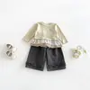 Conjunto de Duas Peças Top com Renda Patchwork Xadrez Estilo Coreano para Meninas, Conjunto Casual de Outono com Calça de Perna Larga Franzida