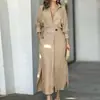 Coleção Nova Outono 2026 Moda Feminina Europeia e Americana Transfronteiriça Elegante para o Trabalho Cor Sólida Cintura com Laço Vestido Longo