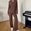 Conjunto de Pijama de Punto Acanalado Marrón de Manga Larga y Pantalón Largo Holgado Se Puede Usar Afuera 2026 Otoño e Invierno Nuevo Ropa de Casa Europea y Americana