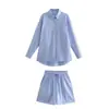 Conjunto de Camisa de Manga Larga a Rayas y Shorts de Verano para Mujer Estilo Europeo y Americano 2026 6015