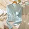 Tricô Twist Estilo Tweed Azul Menta para Mulheres 2025 Início da Primavera Novo Estilo Coreano Cardigan Jaqueta de Tricô Relaxado