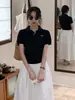 Top de Punto para Mujer Estilo Coreano Gris Falso Dos Piezas Cuello Polo Manga Corta, Nuevo Modelo Delgado Verano 2026