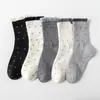 Meias Grossas de Algodão Puro para Outono e Inverno, Meias até a Panturrilha para Mulheres, Meias Largas de Renda com Bolinhas Estilo Japonês, Meias Longas de Inverno