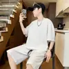 Conjunto Tie-Dye Texturizado de Manga Curta para Homens, Verão Solto Tamanho Grande Camiseta de Seda Gelada Shorts, Conjunto Esportivo Casual Versátil
