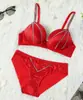 Conjunto de Sutiã com Strass de Luxo Leve para Mulheres, Top Fino e Calcinha Grossa, Realça Seios Pequenos, Aro para Sustentação, Junta os Seios Laterais, Conjunto de Sutiã Vermelho da Moda