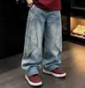 Conjunto de Verão para Meninos Médio e Grande Estampa de Letras Manga Curta Jeans Calça Wide Leg Conjunto de Duas Peças Cool para Menino Tendência