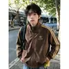 Chaqueta Abrigo de Cuero PU con Patrón de Lichi y Tres Rayas Estilo Americano Hombres Mujeres Otoño Retro Tendencia Marca Resistente al Viento Funcional Deportiva Cuello Alto