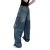 Pantalones vaqueros rectos lavados vintage estilo americano de talla grande para mujer, pantalones de pierna ancha y cintura alta de otoño, pantalones holgados y adelgazantes