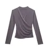 Camiseta Sexy Decote V Cruzado Feminina Manga Longa Estilo Outono Top Plissado Elegante Modelador de Cintura Aparência Emagrecedora Camiseta para Usar por Baixo