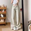 Jeans feminino de cintura alta estilo preguiçoso cáqui com dois botões, perna larga, outono novo, solto, versátil, reto, calça casual
