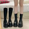 Novas Botas Elásticas Slim de Solado Grosso Outono/Inverno 2024 para Mulheres Estilo Coreano Superfície Macia Solado Plataforma Bico Redondo Salto Médio Botas Femininas