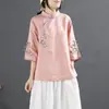 2024 Nueva Camisa Retro de Algodón y Lino Estilo Chino para Mujer Primavera y Verano Estilo Chino Cuello Alto Botones Top Inclinado Bordado Ropa de Té