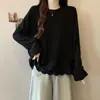Coleção de outono nova plus size: Camiseta feminina estilosa, de manga longa, gola redonda e corte solto, que valoriza a silhueta, com detalhes em renda