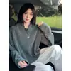 Camiseta de Manga Larga Estilo Tweed con Cuello Henry para Hombre Sudadera de Otoño con Rayas Espiga Cuello en V Camiseta Base de Punto Pesado Americano