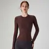 Otoño e Invierno Cuello Redondo Cepillado Manga Larga Cintura Adelgazante Casual Tops Alta Elasticidad Ajustados Ropa Deportiva Yoga Ropa para Correr Fitness