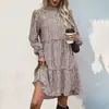 Vestido Feminino Amazon Europeu e Americano Transfronteiriço Outono 2025 Estilo Retro Elegante Gola Alta Meia Manga Solto Estampa de Leopardo