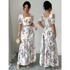 2026 Nuevo Conjunto de Moda Elegante para Mujer de Comercio Exterior Transfronterizo con Estampado, Cuello Cuadrado, Manga Corta y Falda con Abertura