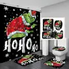 Juego de cortina de ducha impermeable con temática de Grinch, incluye cuatro piezas: cortina de ducha de poliéster, juego de baño impermeable y resistente al moho, y alfombrilla de baño