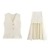 Para Exportación Estilo Europeo y Americano Transfronterizo Nuevo Chaleco de Punto con Botones Dorados para Mujer + Falda de Empalme Plisada Pequeña