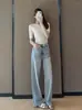 Jeans Feminino Outono 2026 com Apliques de Strass, Calça Reta Solta com Design de Strass, Calça Skinny Wide-Leg