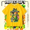 Camiseta infantil de manga curta para meninos, 100% algodão, Minecraft, top respirável com monstro pixelado para crianças mais velhas
