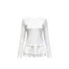 Camiseta base con ribete de encaje blanco para mujer, adecuada para usar en capas a principios de otoño, top de manga larga estilo coreano, camiseta para mujer, camiseta base para otoño e invierno