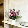 Maceta de Estilo Europeo con Rayas Verticales con Tres Tallos y Nueve Orquídeas Mariposa, Planta de Flores Artificiales para Decoración de Hogar, Balcón y Jardín, Maceta Pequeña
