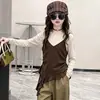 Camada Base Feminina 2026 Outono Novo Estilo Crianças Médias e Grandes Versátil Falso Duas Peças Camiseta de Manga Longa Top Irregular de Renda