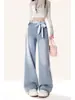 Pantalones de Mezclilla Estilo Americano con Cremallera Lateral y Lazo para Mujer, Diseño de Verano, Cintura Alta, Adelgazantes, Pierna Ancha, Largo hasta el Suelo