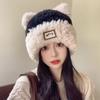Inverno Bonito Orelha de Urso Quente Chapéu de Pelúcia para Mulheres, Chapéu Frio com Proteção para as Orelhas, Gorro Tricotado Fofo que Afina o Rosto
