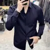 Camisa Masculina de Manga Longa Cor Sólida Estilo Limpo Elástica Confortável Luxo Leve Caimento Fácil de Cuidar Sem Costura Botões Escondidos Urbana Business