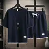 Conjunto de Duas Peças Masculino Tamanho Grande Waffle Shorts Verão Casual Masculino Solto Manga Curta Moderno Esportivo Conjunto de Duas Peças