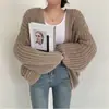 Cardigan suéter abrigo de punto coreano chic estilo perezoso de otoño cuello en V versátil holgado casual color liso manga de farol