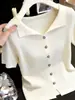 Camiseta de Manga Curta Botonê com Gola Reversível de Seda Gelada para Mulheres, Novo Estilo Verão 2026, Fashion, Rejuvenescedor, Slim Fit, Top Emagrecedor