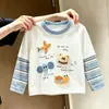 Camiseta infantil 3D estilo coreano, coleção de outono para meninos, mangas listradas, blusa de manga longa com grafite de desenho animado para bebês meninos, estilo outono infantil