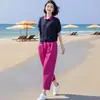 Conjunto de Ropa Súper Elegante y Moderno con Camisa de Punto de Manga Corta de Seda de Hielo, Conjunto Casual de Dos Piezas con Pantalones Harem Primavera 2026