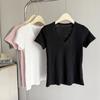 Foto Real Camiseta Cinza de Algodão Slub com Decote V e Manga Curta Roupa de Verão Feminina Ajuste Slim Emagrecedora Camiseta Básica Top