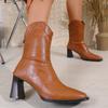 2025 Nuevo Otoño e Invierno Tacón Grueso Tacón Alto Punta Cuadrada Botas Vaqueras Occidentales para Mujer Europeas y Americanas Boca en V Cremallera Trasera Exportación Botas de Mujer