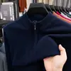 Novo suéter de lã de gola alta média para inverno para homens, com zíper parcial, cor sólida, pulôver de tricô quente, camiseta básica amiga da pele