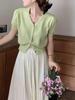 Playera Francesa de Manga Corta para Mujer Verano Delgada Verde Aguacate Manga Abullonada Cárdigan de Punto Top Corto de Cuello en V de Seda de Hielo Chaqueta