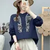 Camisa de manga larga con cuello alto de gasa de algodón de doble capa bordada para mujer, diseño artístico estilo Mori, bordado elaborado, suave y amigable con la piel, top de corte holgado