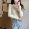 Suéter de tricô atacado outono e inverno estilo francês, gola V delicada com renda, manga longa, para mulheres, caimento justo e que valoriza a silhueta, perfeito como camada base