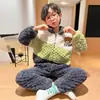 Otoño e Invierno Franela Solapa Forro Polar Botones Ropa de Casa para Niños Traje de Dibujos Animados Pijama de Niños Terciopelo de Coral Engrosado