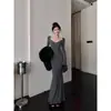 Falda de punto dulce y picante de cuello cuadrado para otoño e invierno, ajustada a la cadera, de longitud media, estilo sirena, con vestido interior para mujer
