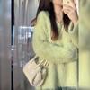 Suéter Pulóver de Cuello en V de Lana de Visón Blanca Verde Espesada Nueva 2024 para Mujer, Top de Punto Nicho Perezoso