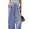 Calça de Verão Nova Europeia e Americana Listrada de Perna Larga para Mulheres 2026, Cintura Alta com Cordão, Solta, Casual, com Bolsos
