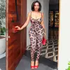 Estilo europeu moda de exportação estampa de leopardo moda feminina caimento justo macacão de alça mostra a silhueta costas abertas verão macacão longo